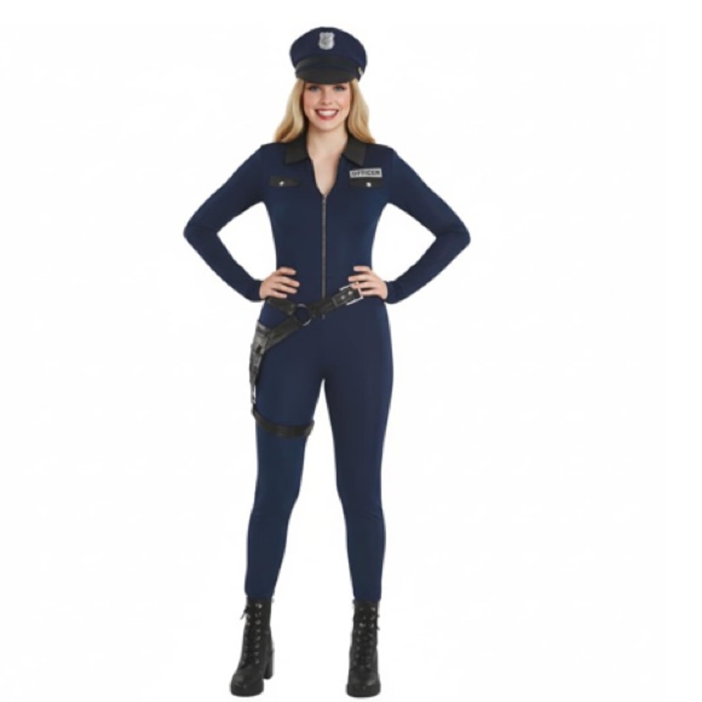 NWT Sexy Police Woman Costume Cosplay w hat and belt holster one piece jumpsuit